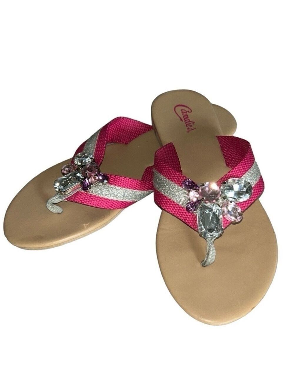 Candie’s Bejeweled Hot Pink and Metallic Silver Flip Flops with Jewels Size 7.5 - Picture 10 of 10